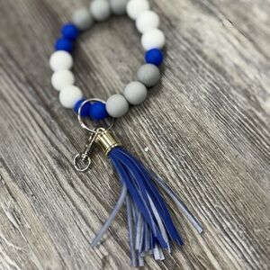 Blue and Gray Beaded Bracelet with Tassel